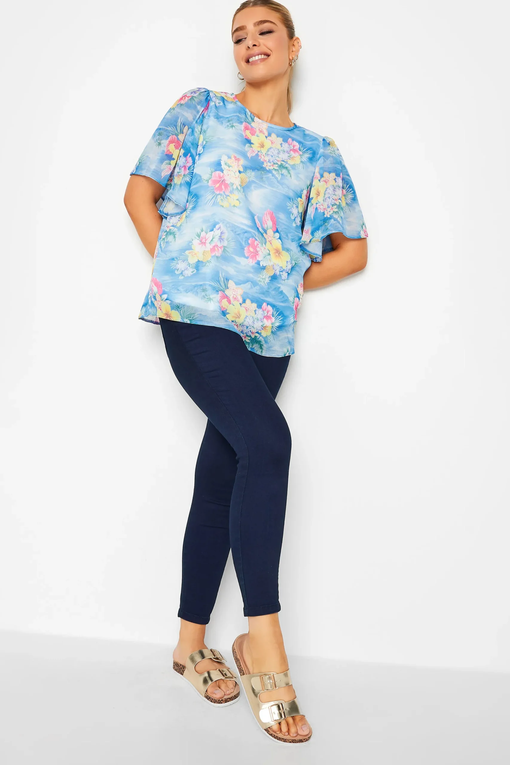 M&Co Womens Blue Hawaiian Print Angel Sleeve Blouse>Women Blouses
