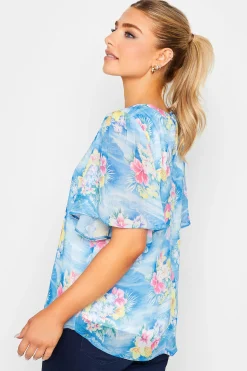 M&Co Womens Blue Hawaiian Print Angel Sleeve Blouse><noscript><img width=