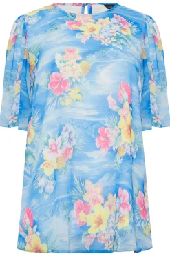 M&Co Womens Blue Hawaiian Print Angel Sleeve Blouse><noscript><img width=