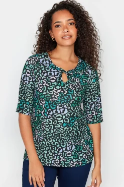 M&Co Womens Blue Leopard Print Tie Front Top>Women Long Sleeve Tops