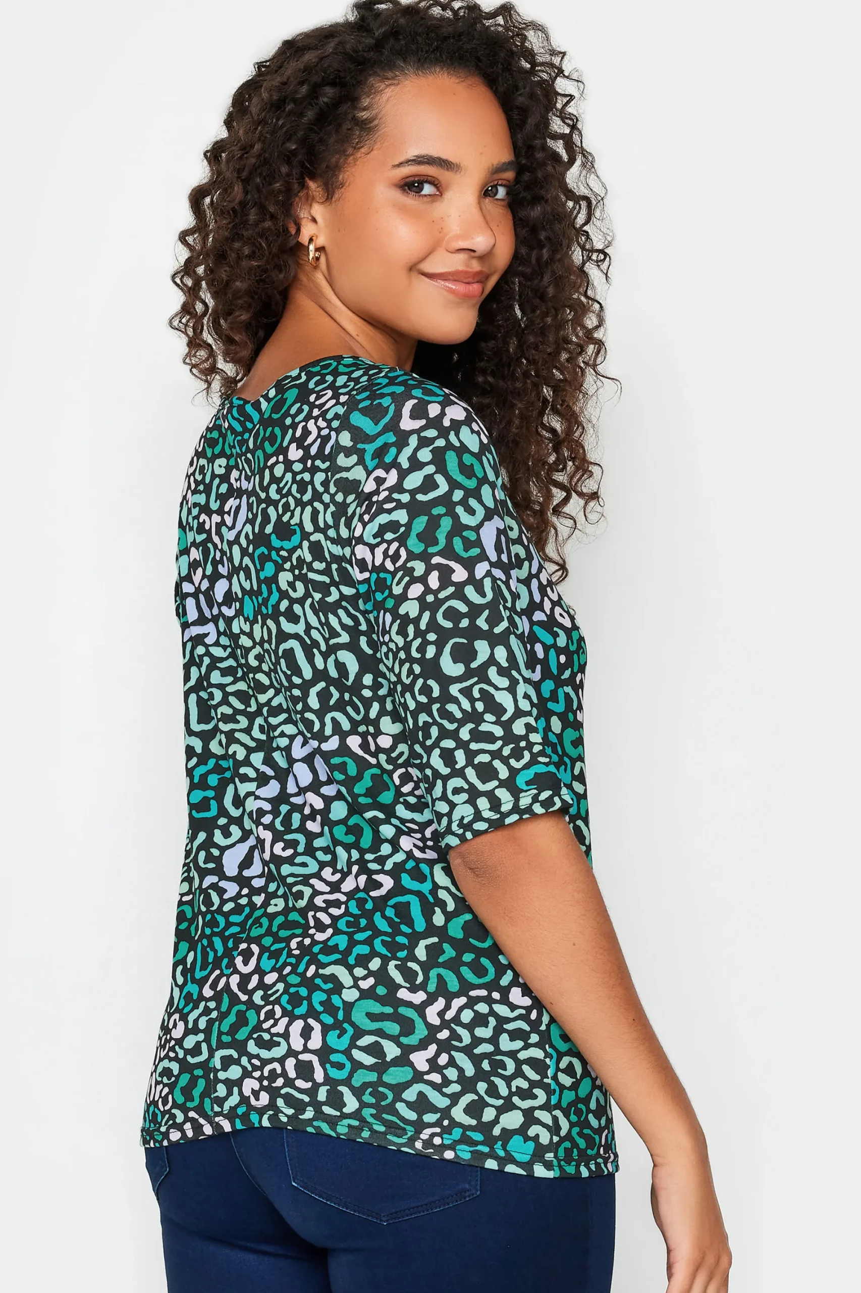 M&Co Womens Blue Leopard Print Tie Front Top>Women Long Sleeve Tops