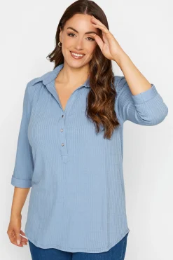 M&Co Womens Blue Ribbed V-Neck Shirt>Women Shirts