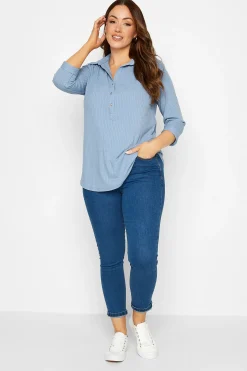 M&Co Womens Blue Ribbed V-Neck Shirt>Women Shirts