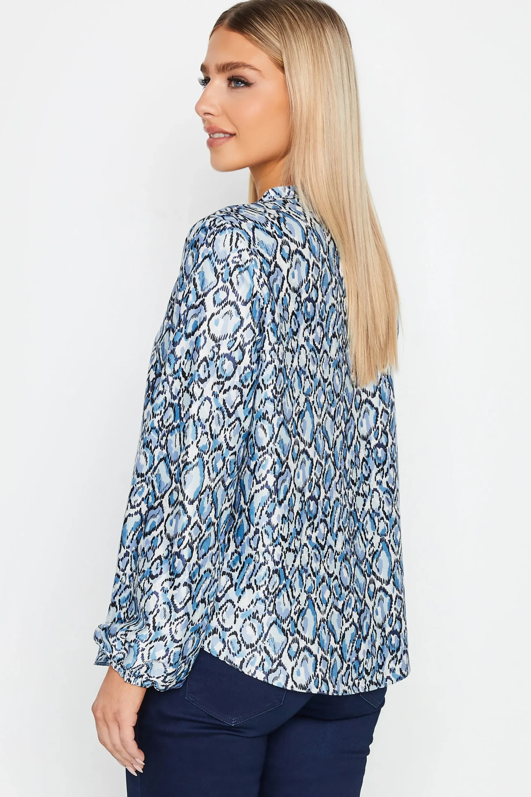 M&Co Womens Blue Snake Print Tie Neck Blouse>Women Long Sleeve Tops