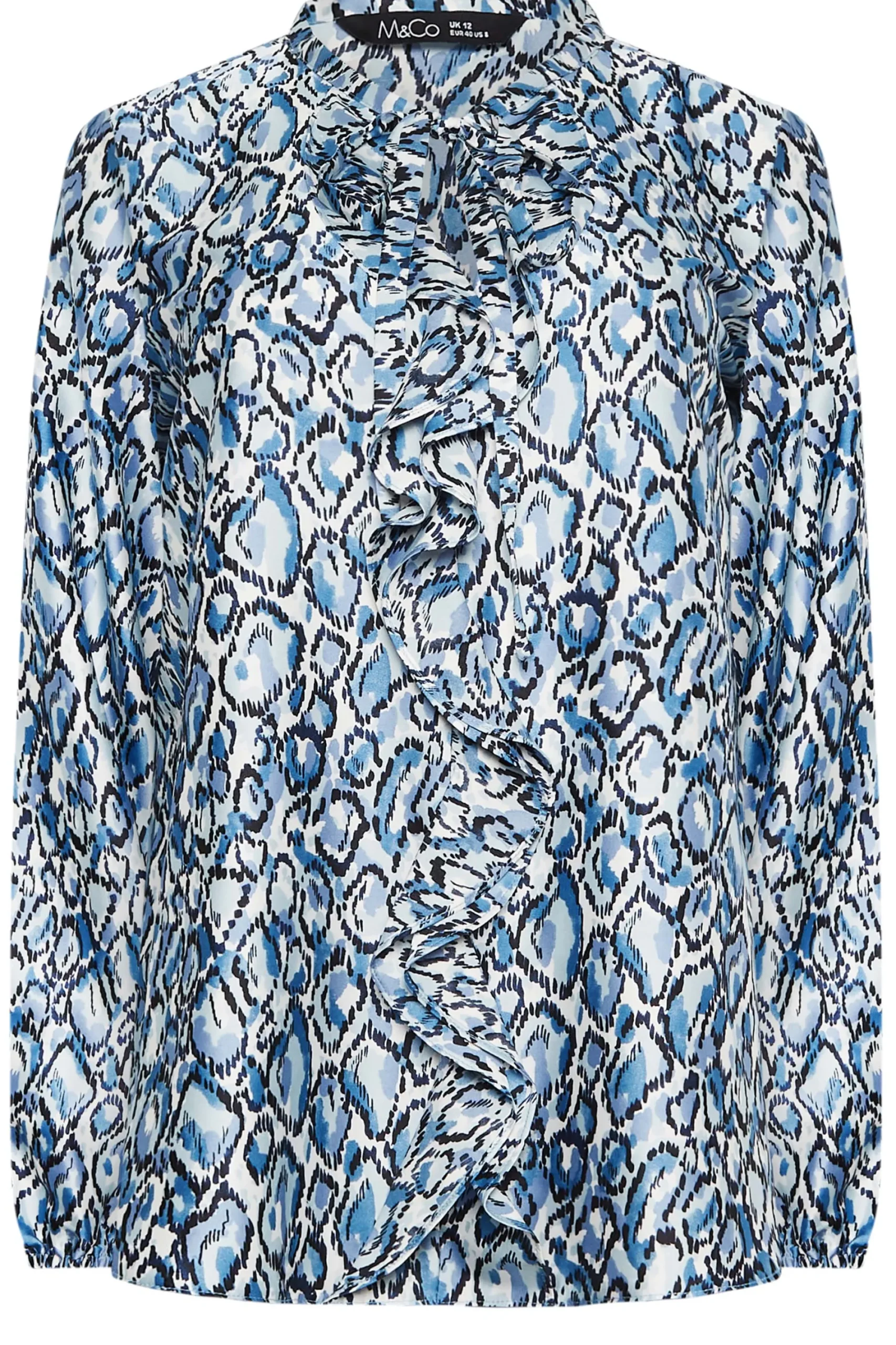 M&Co Womens Blue Snake Print Tie Neck Blouse>Women Long Sleeve Tops