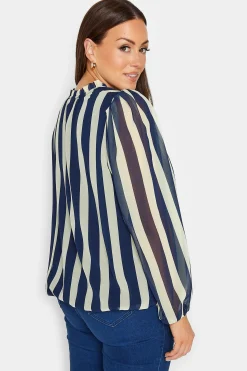 M&Co Womens Blue Stripe Tie Neck Blouse><noscript><img width=
