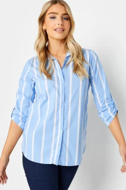 M&Co Womens Blue Stripe Tab Sleeve Detail Shirt>Women Shirts