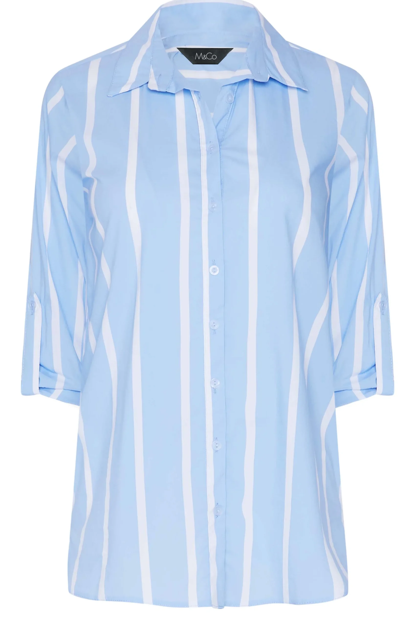 M&Co Womens Blue Stripe Tab Sleeve Detail Shirt>Women Shirts