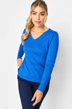 M&Co Womens Blue V-Neck Long Sleeve Cotton T-Shirt>Women T-Shirts