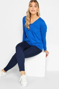 M&Co Womens Blue V-Neck Long Sleeve Cotton T-Shirt>Women T-Shirts