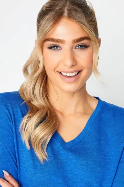 M&Co Womens Blue V-Neck Long Sleeve Cotton T-Shirt><noscript><img width=