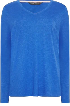 M&Co Womens Blue V-Neck Long Sleeve Cotton T-Shirt><noscript><img width=