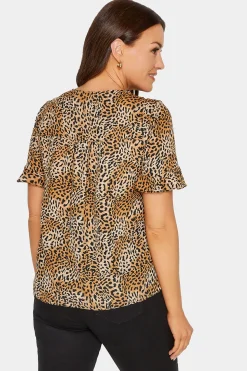 M&Co Womens Brown Animal Print Frill Sleeve Button Through Blouse><noscript><img width=