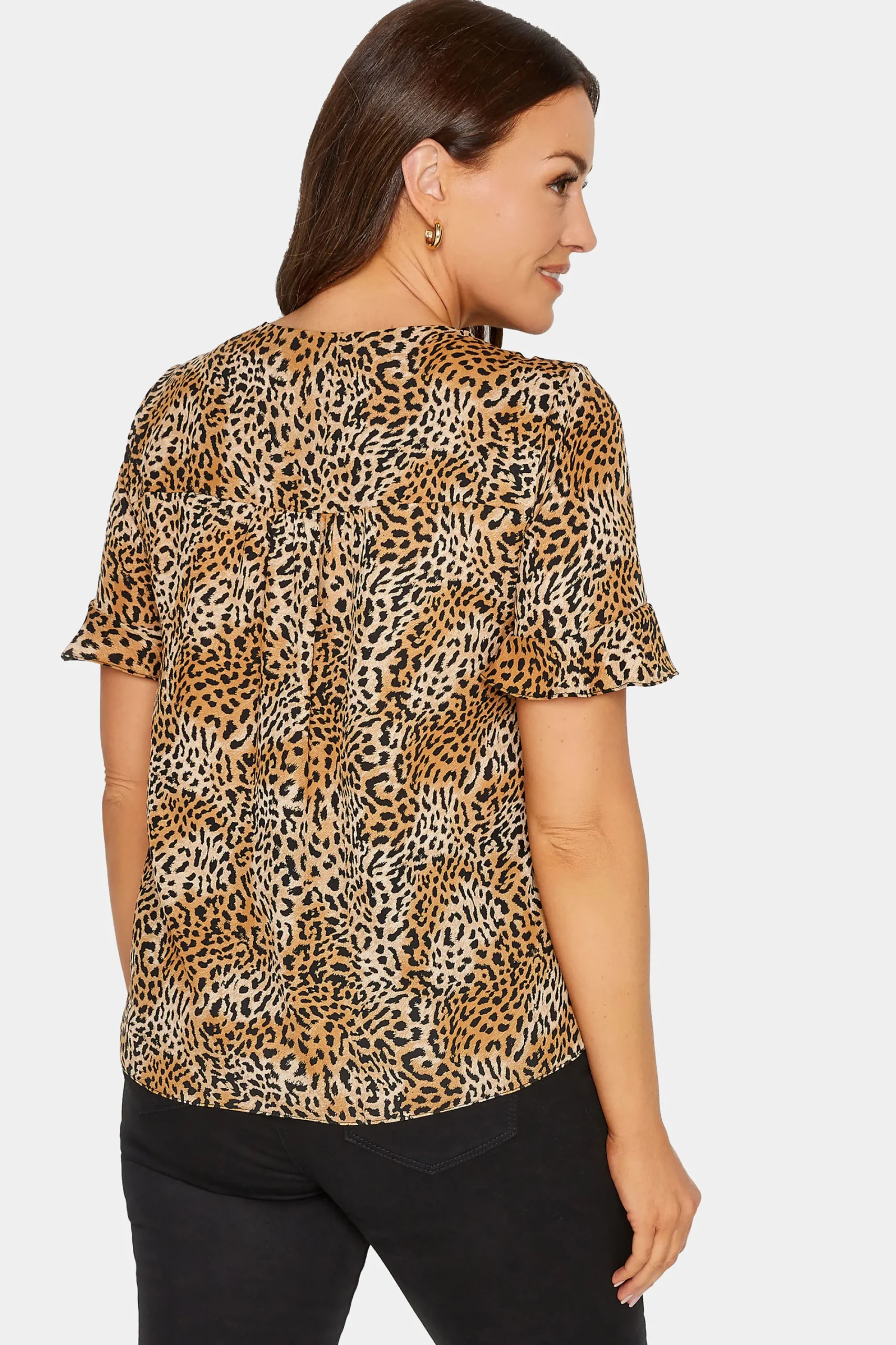 M&Co Womens Brown Animal Print Frill Sleeve Button Through Blouse>Women Short Sleeve Tops