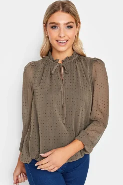 M&Co Womens Brown Dobby Tie Neck Blouse>Women Long Sleeve Tops