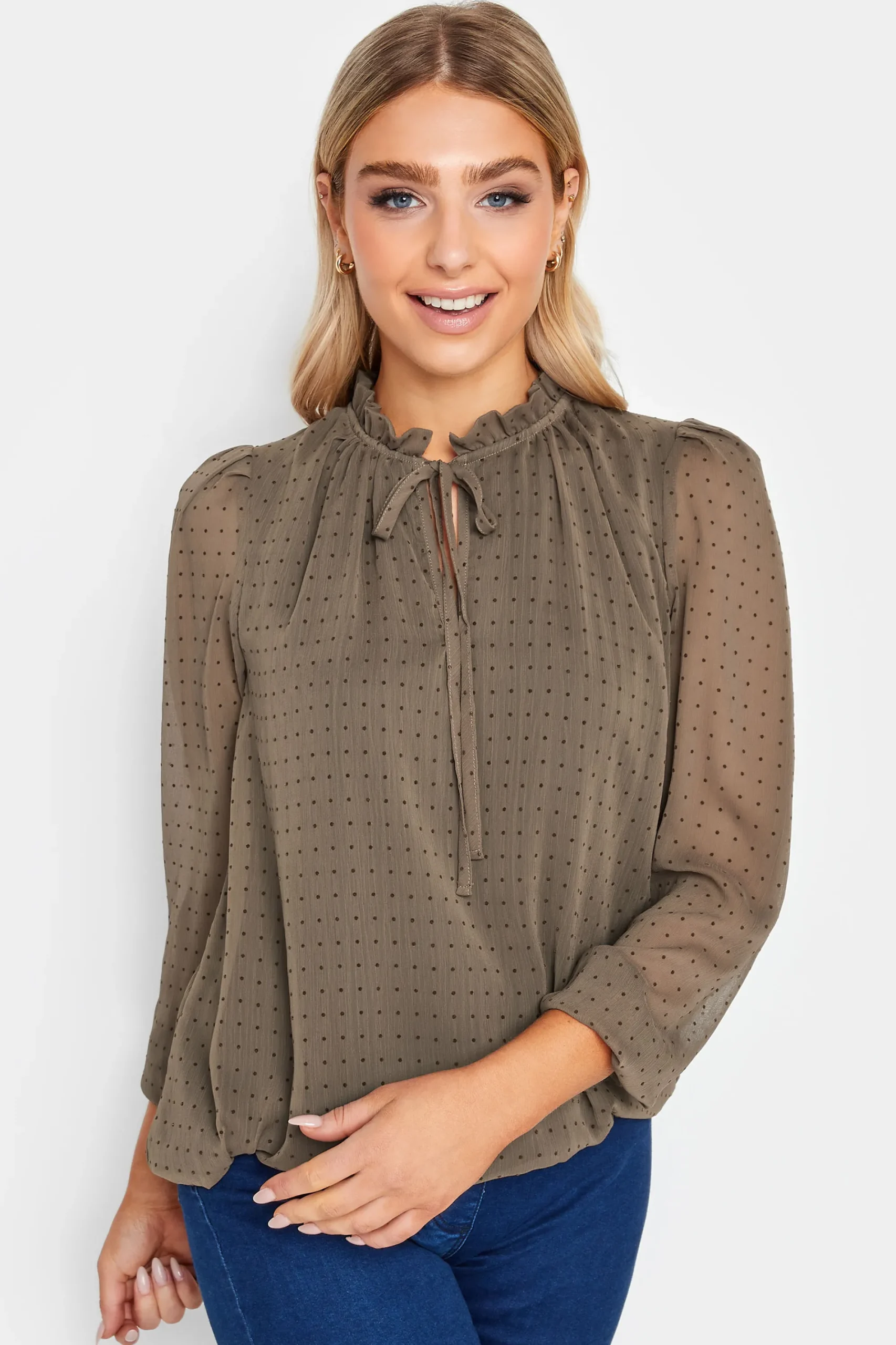 M&Co Womens Brown Dobby Tie Neck Blouse>Women Long Sleeve Tops