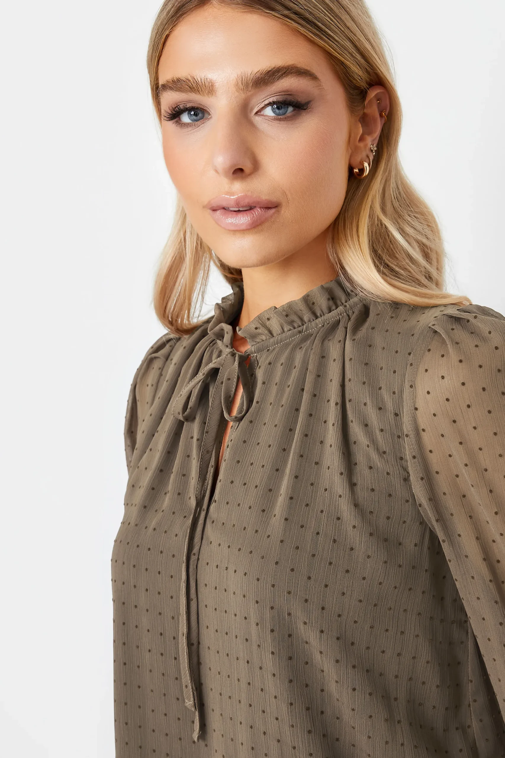 M&Co Womens Brown Dobby Tie Neck Blouse>Women Long Sleeve Tops