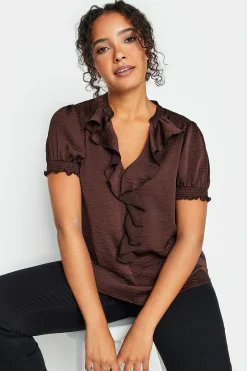 M&Co Womens Brown Frill Satin Blouse>Women Short Sleeve Tops