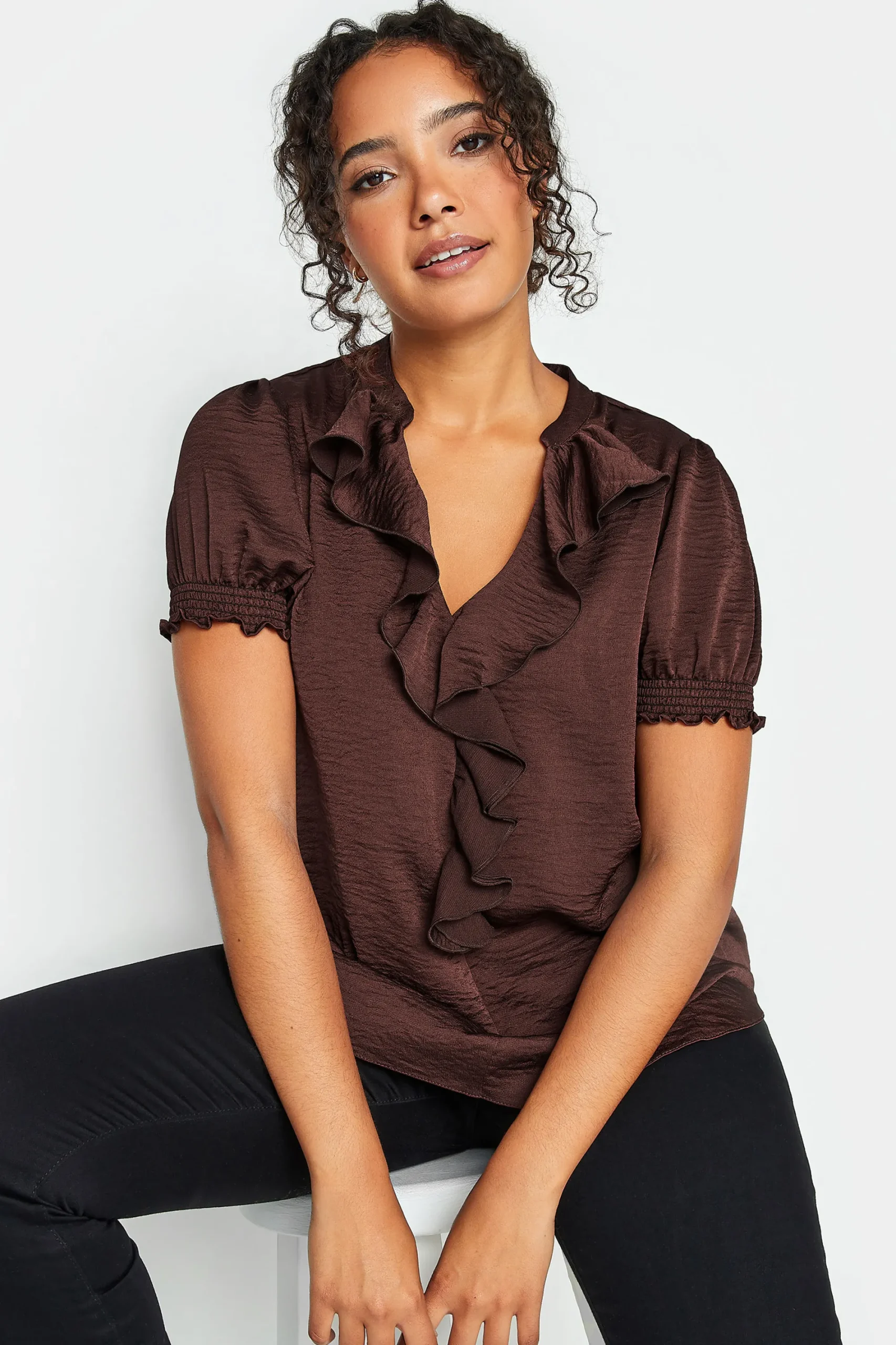 M&Co Womens Brown Frill Satin Blouse>Women Short Sleeve Tops
