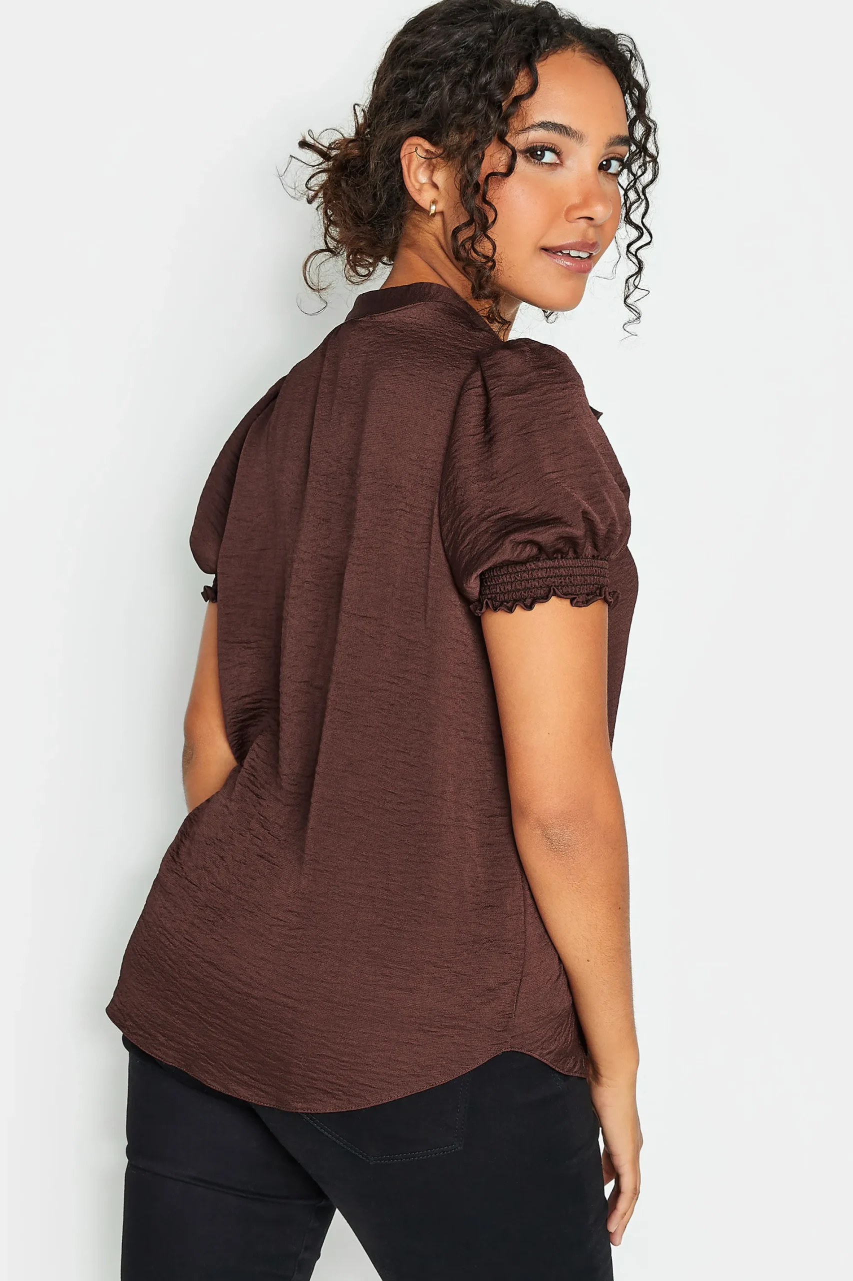 M&Co Womens Brown Frill Satin Blouse>Women Short Sleeve Tops