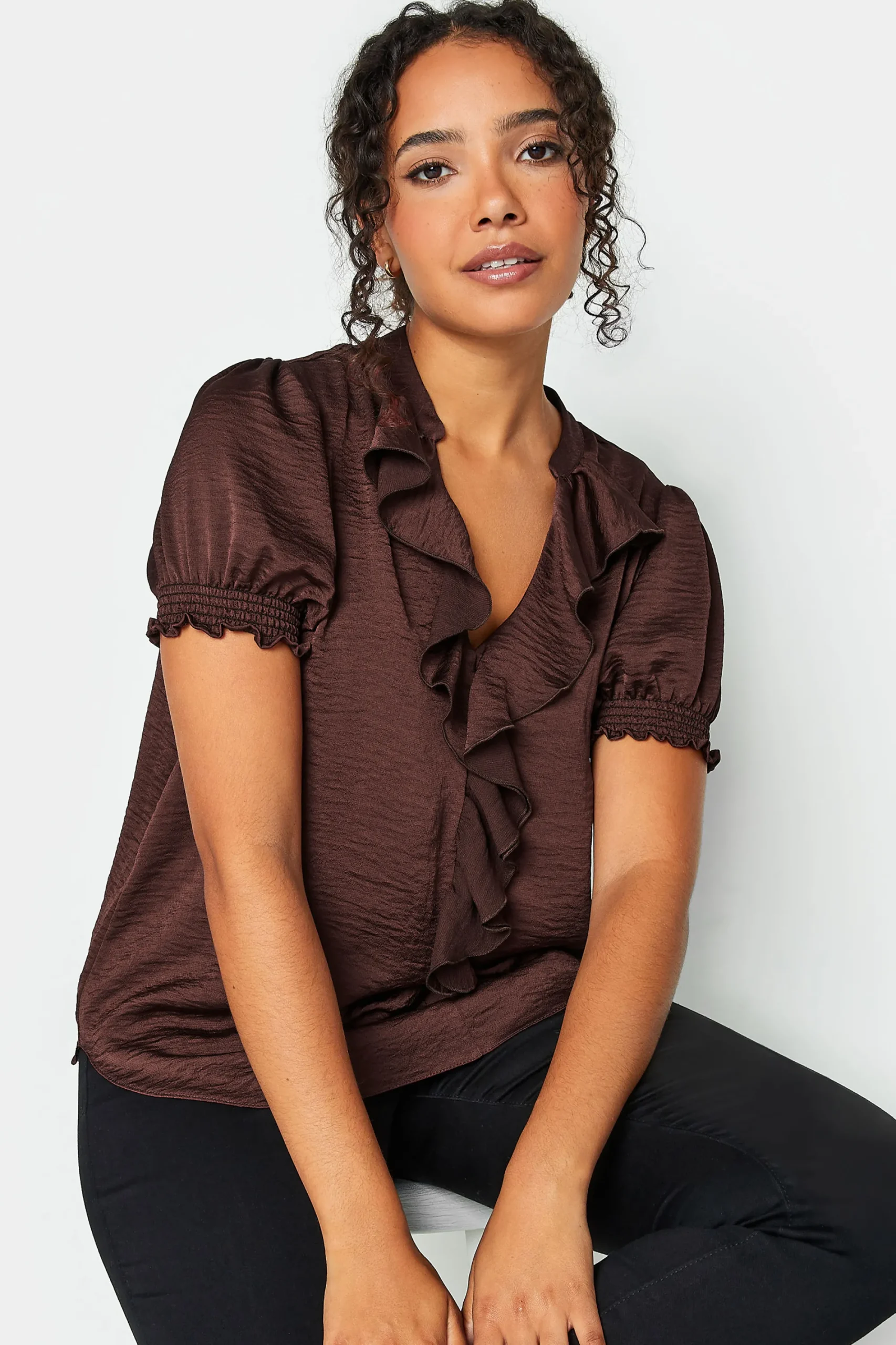 M&Co Womens Brown Frill Satin Blouse>Women Short Sleeve Tops