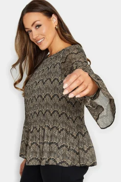 M&Co Womens Brown Long Sleeve Lace Print Pleat Top>Women Long Sleeve Tops