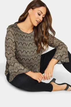 M&Co Womens Brown Long Sleeve Lace Print Pleat Top><noscript><img width=