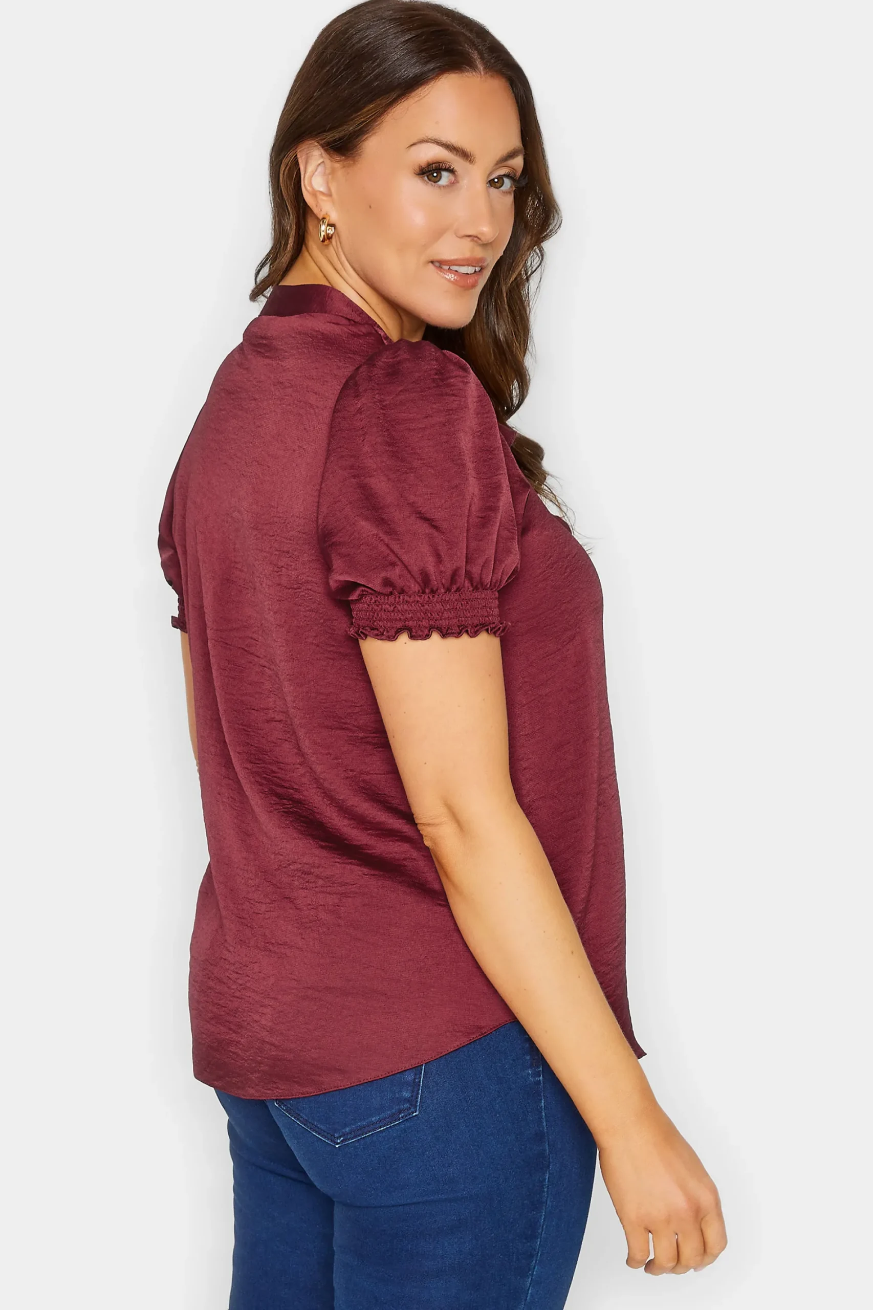 M&Co Womens Burgundy Red Frill Satin Blouse>Women Short Sleeve Tops
