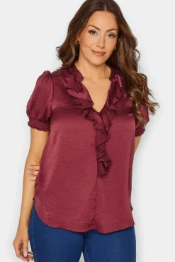 M&Co Womens Burgundy Red Frill Satin Blouse><noscript><img width=