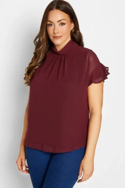 M&Co Womens Burgundy Red High Neck Frill Sleeve Blouse>Women Short Sleeve Tops