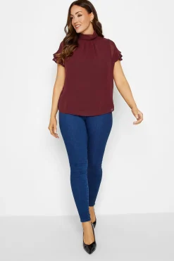 M&Co Womens Burgundy Red High Neck Frill Sleeve Blouse>Women Short Sleeve Tops