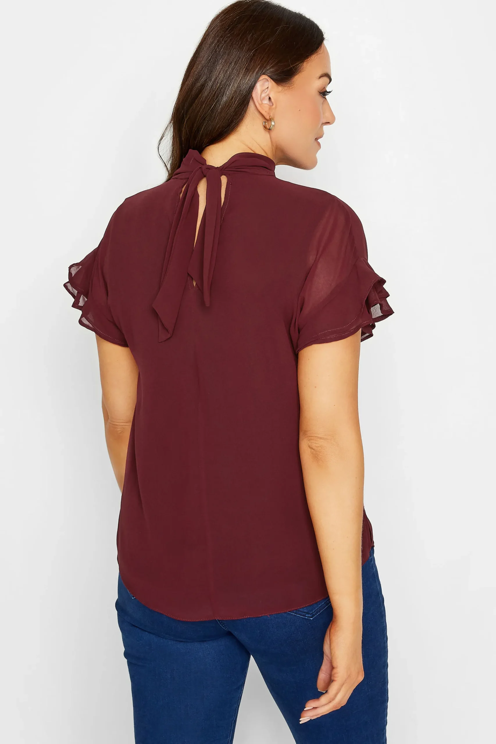 M&Co Womens Burgundy Red High Neck Frill Sleeve Blouse>Women Short Sleeve Tops