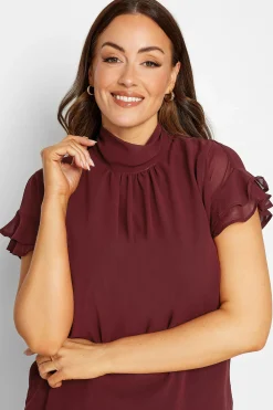 M&Co Womens Burgundy Red High Neck Frill Sleeve Blouse><noscript><img width=