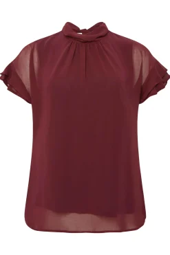 M&Co Womens Burgundy Red High Neck Frill Sleeve Blouse><noscript><img width=