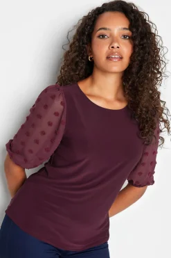 M&Co Womens Burgundy Red Dobby Sleeve Blouse>Women Short Sleeve Tops