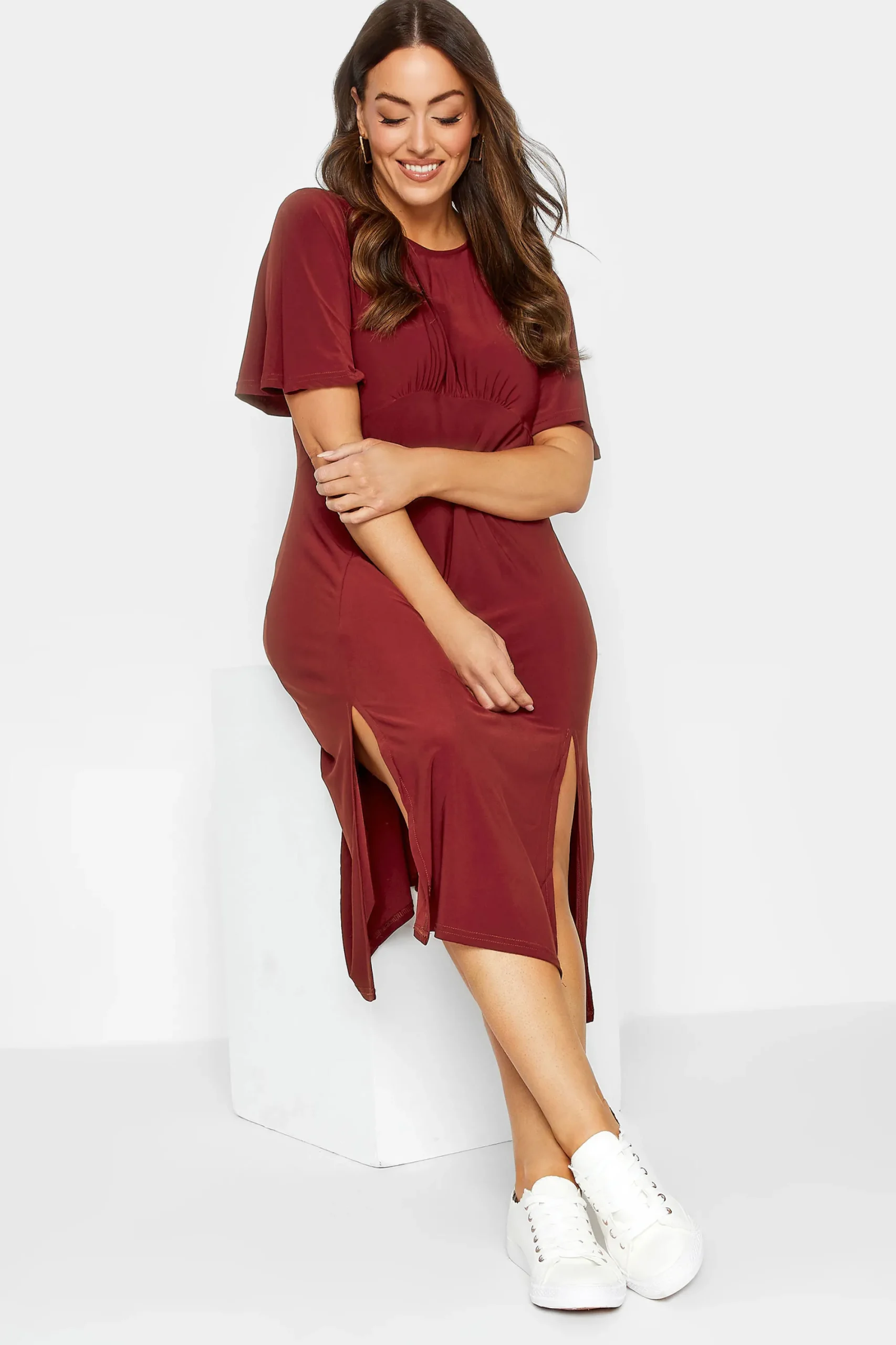 M&Co Womens Burgundy Red Angel Sleeve Split Hem Midi Dress>Women Wedding Guest Dresses