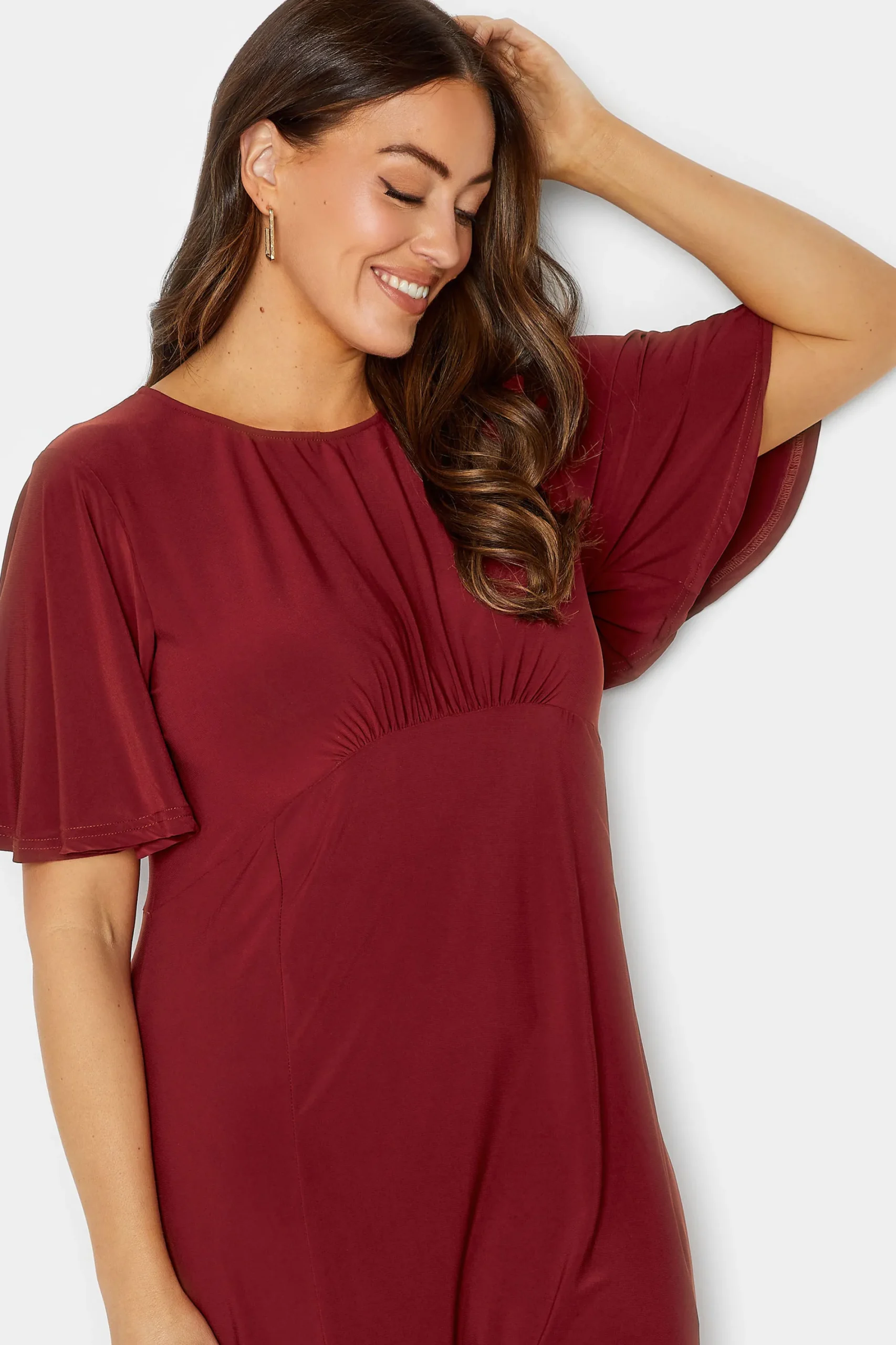 M&Co Womens Burgundy Red Angel Sleeve Split Hem Midi Dress>Women Wedding Guest Dresses