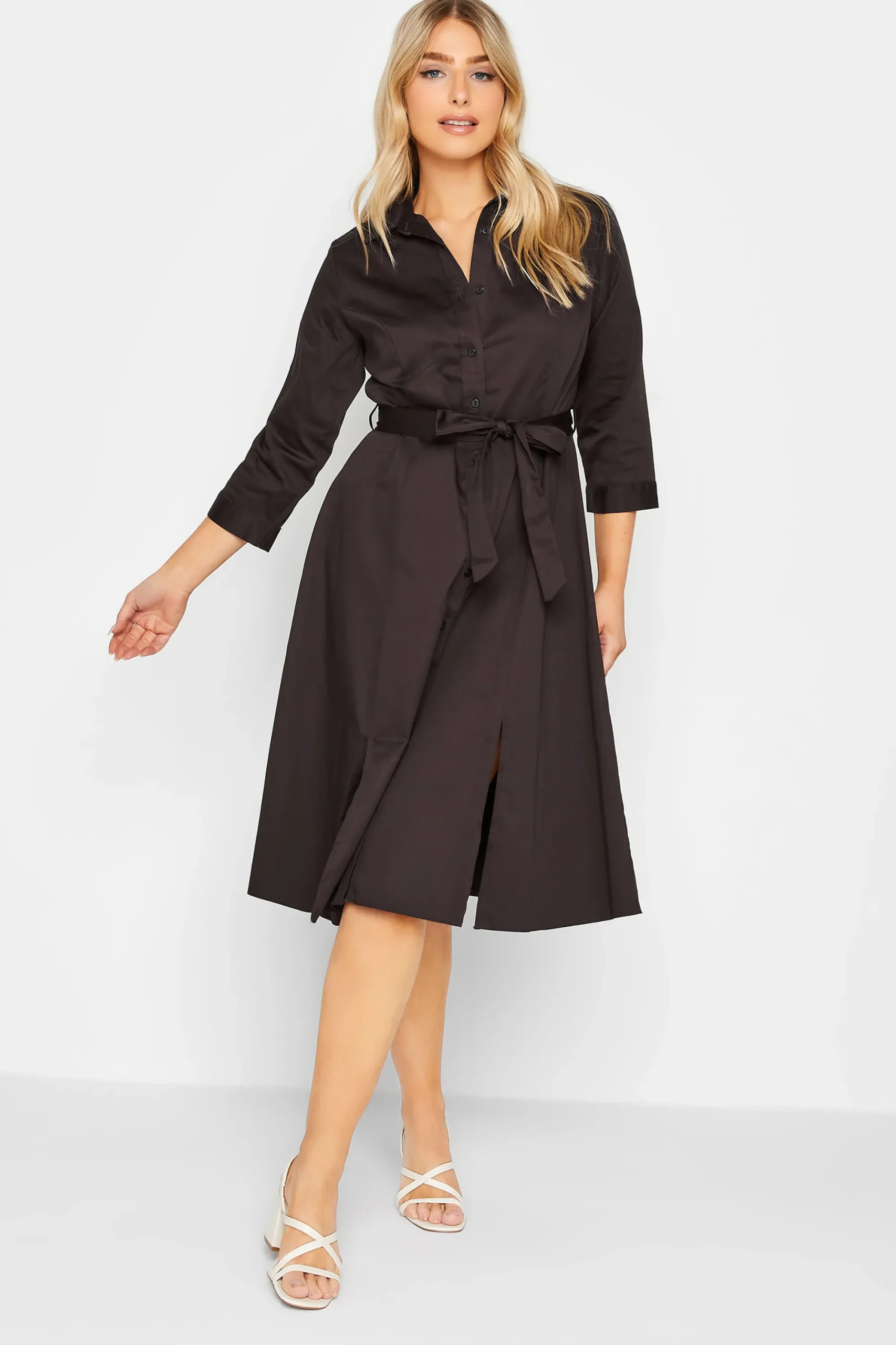 M&Co Womens Chocolate Brown Tie Waist Shirt Dress>Women Shirt Dresses