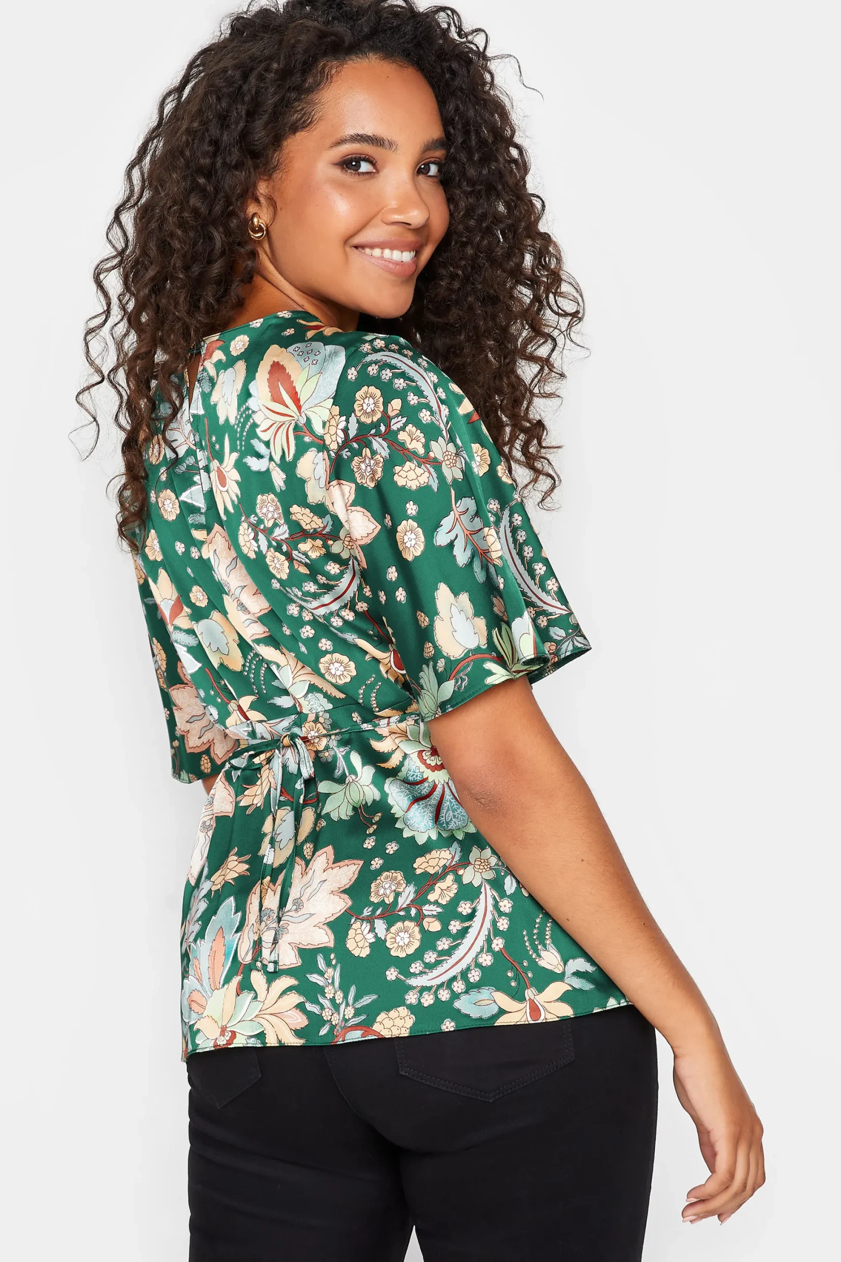 M&Co Womens Dark Green Floral Tie Back Blouse>Women Short Sleeve Tops