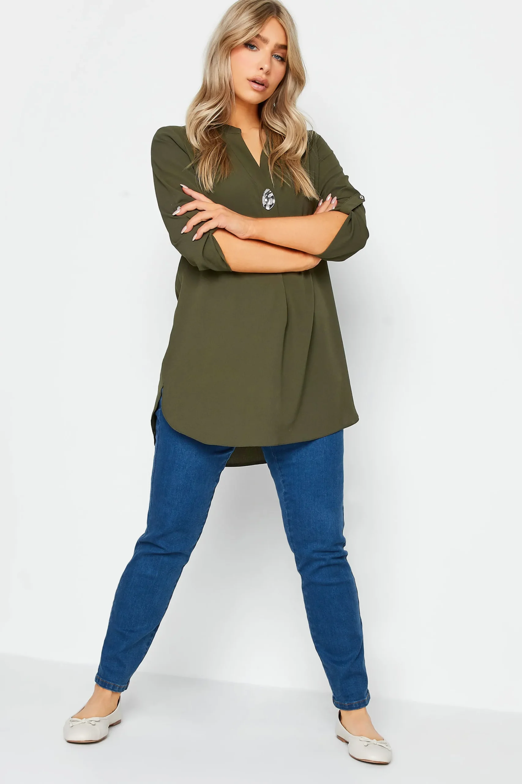 M&Co Womens Dark Green Statement Button Tab Sleeve Shirt>Women Shirts