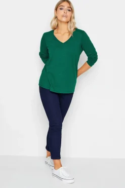 M&Co Womens Dark Green V-Neck Long Sleeve Cotton Blend T-Shirt>Women T-Shirts