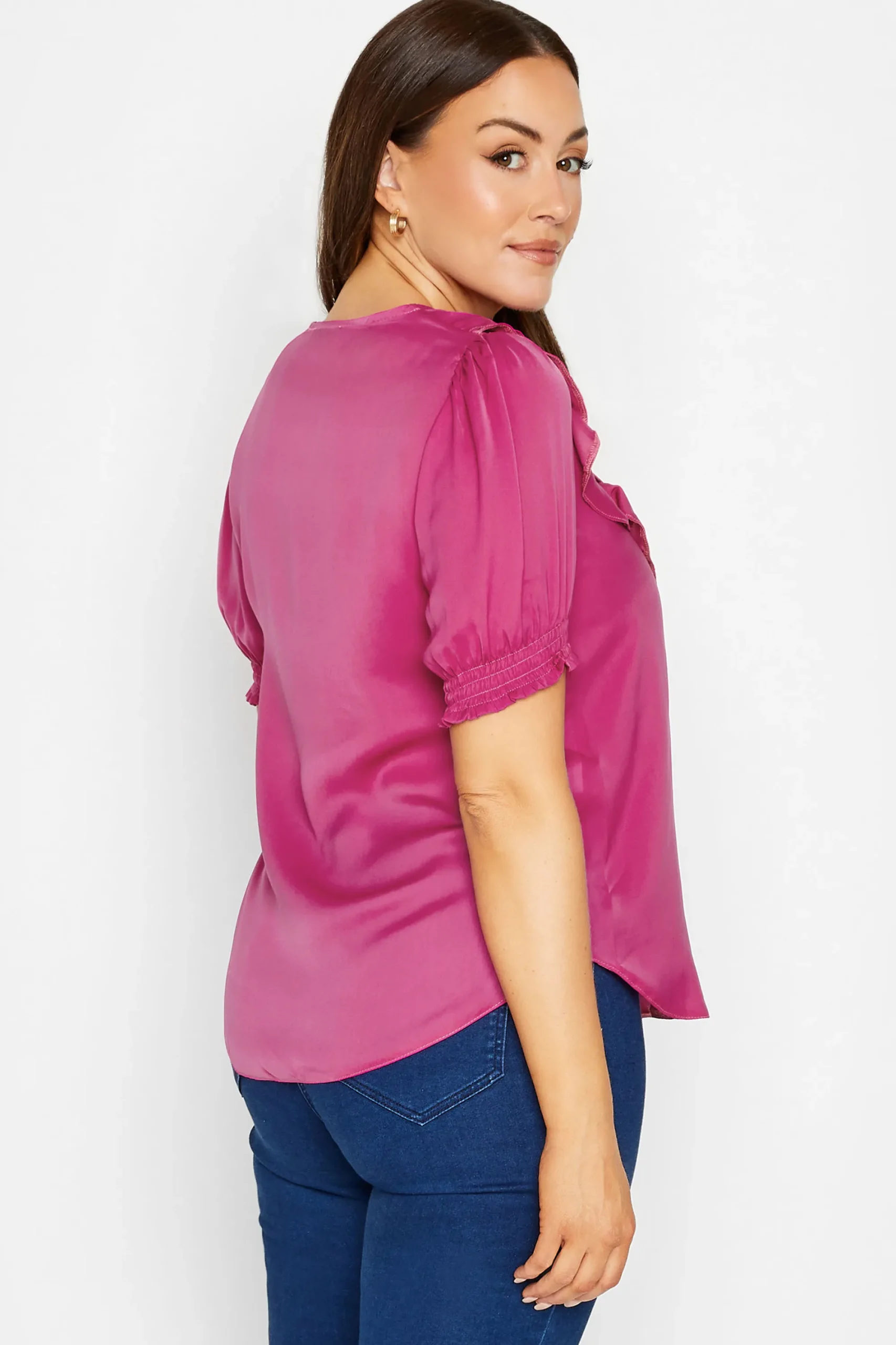 M&Co Womens Dark Pink Frill Front Blouse>Women Short Sleeve Tops