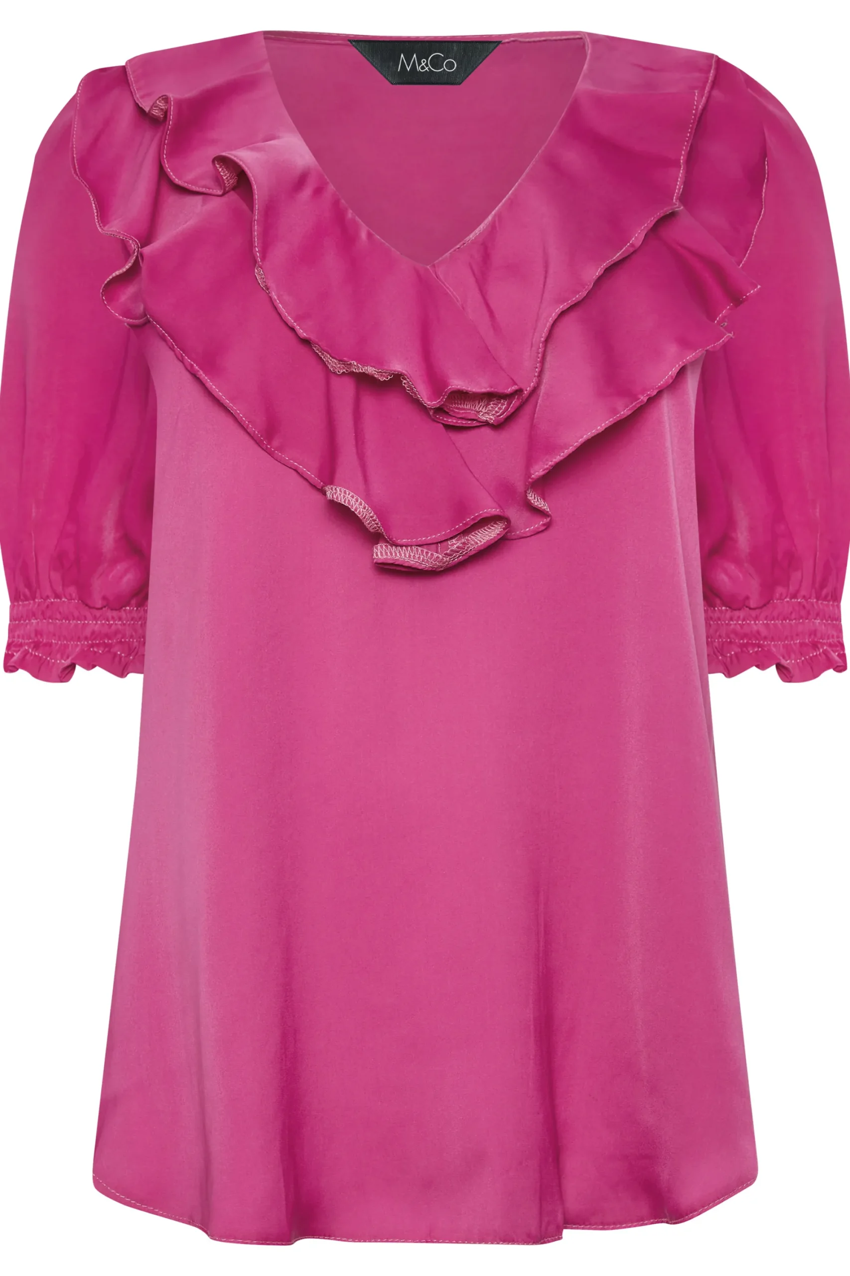 M&Co Womens Dark Pink Frill Front Blouse>Women Short Sleeve Tops
