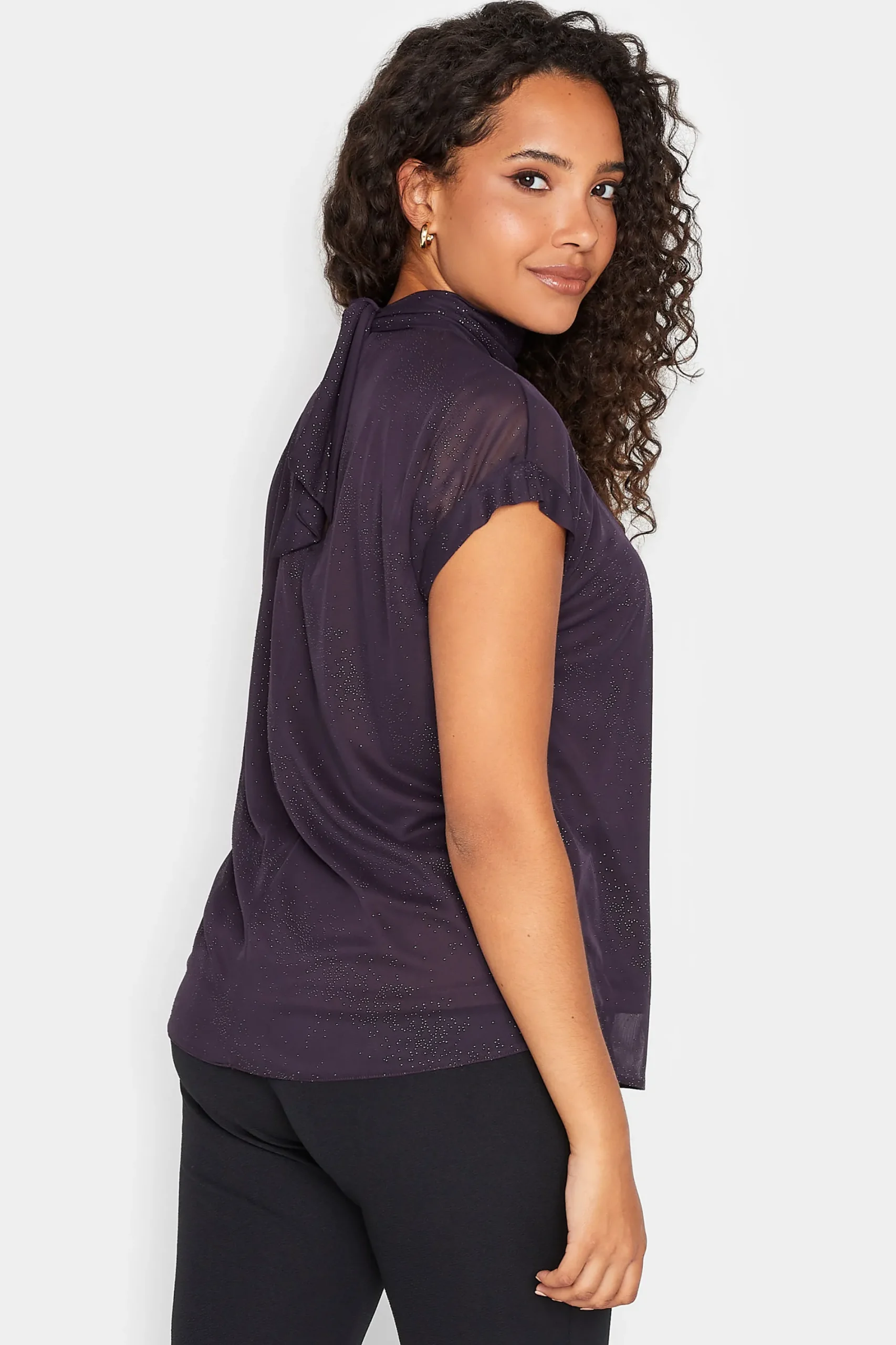M&Co Womens Dark Purple Tie Neck Blouse>Women Short Sleeve Tops