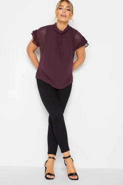 M&Co Womens Dark Purple High Neck Frill Sleeve Blouse>Women Short Sleeve Tops