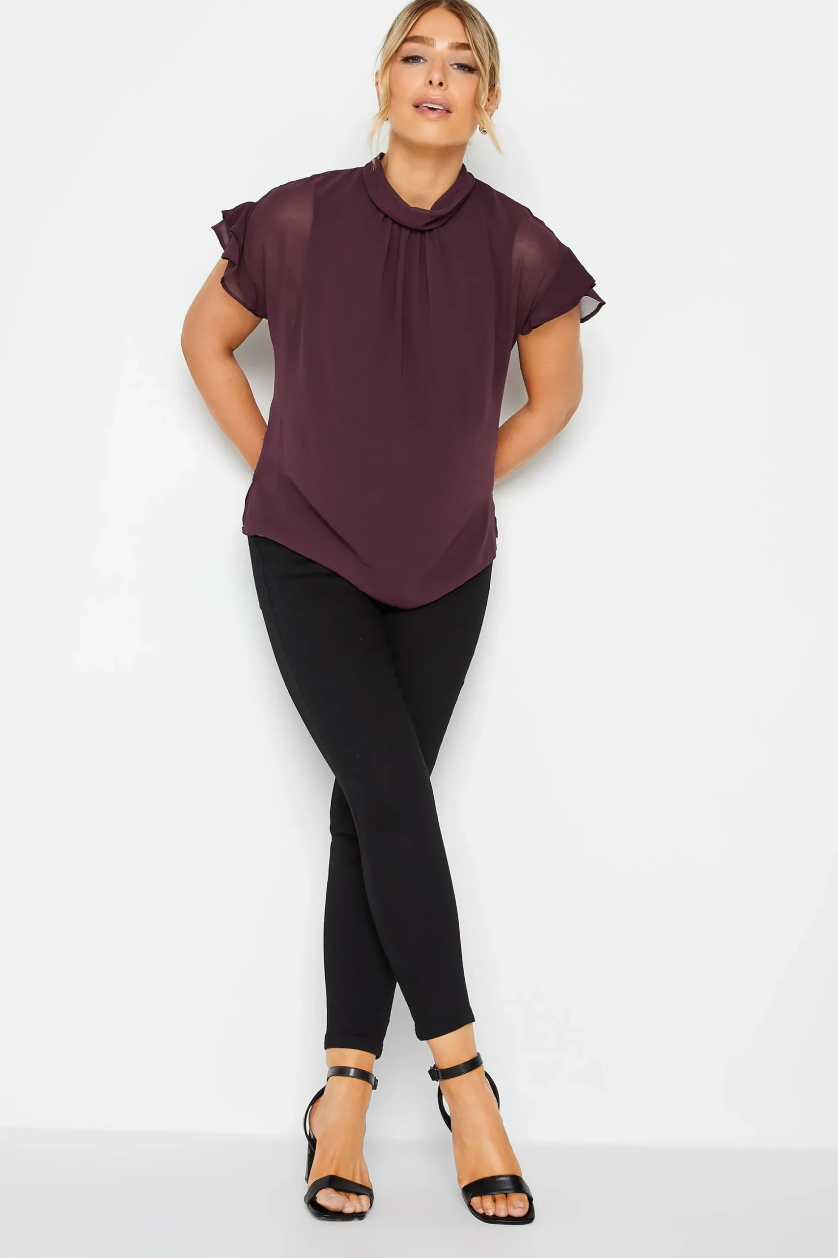 M&Co Womens Dark Purple High Neck Frill Sleeve Blouse>Women Short Sleeve Tops