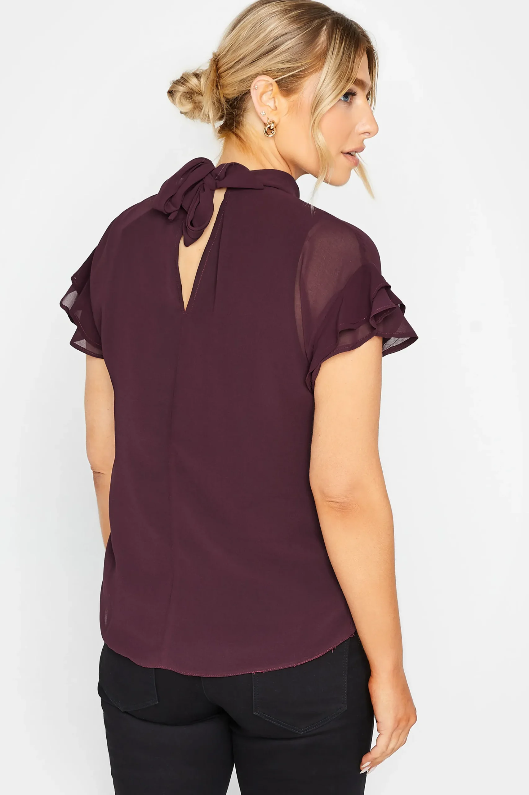 M&Co Womens Dark Purple High Neck Frill Sleeve Blouse>Women Short Sleeve Tops