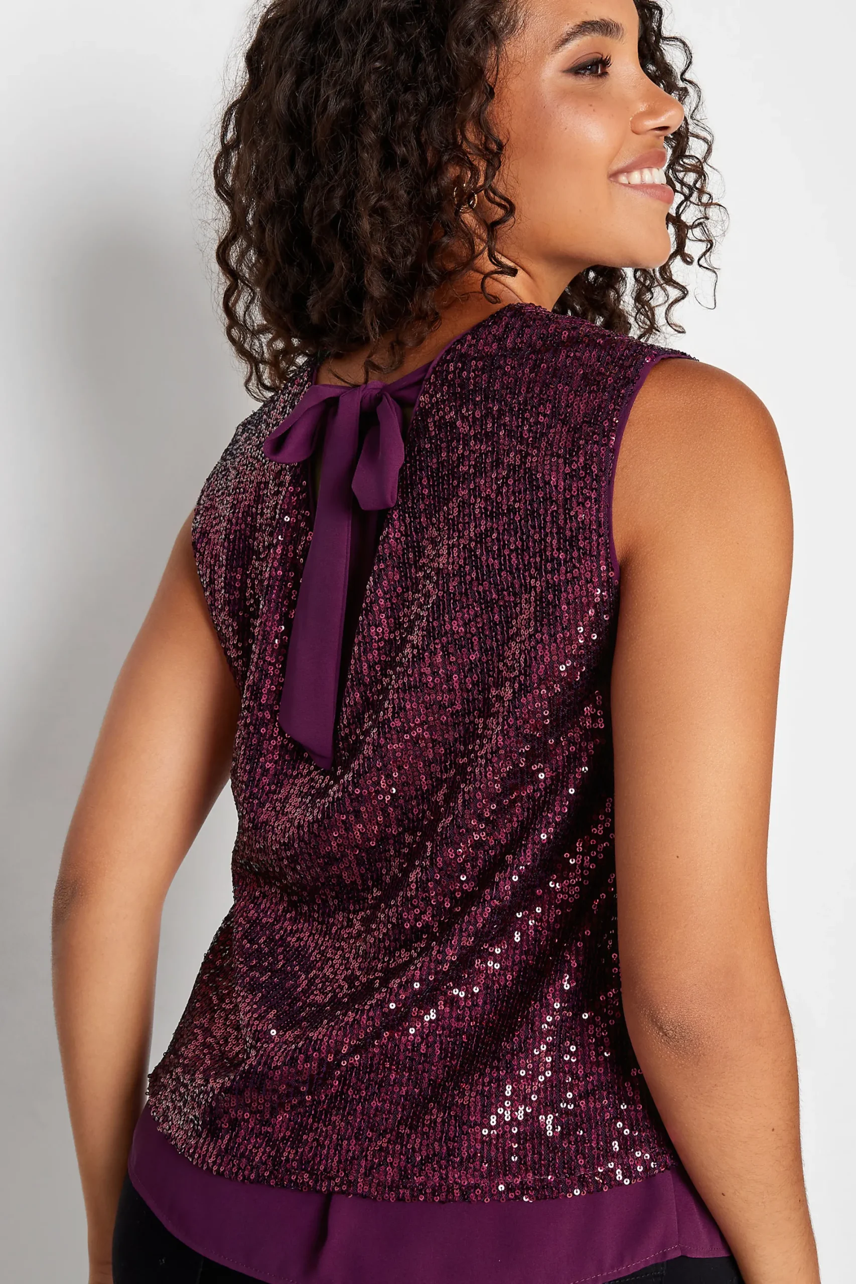 M&Co Womens Dark Purple Sequin Tie Back Top>Women Short Sleeve Tops