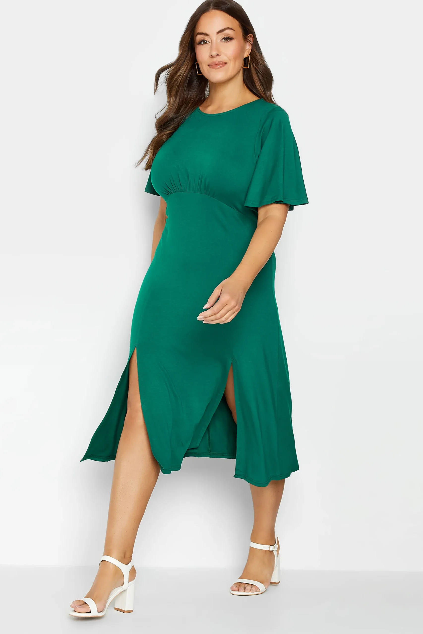 M&Co Womens Forest Green Angel Sleeve Split Hem Midi Dress>Women Wedding Guest Dresses