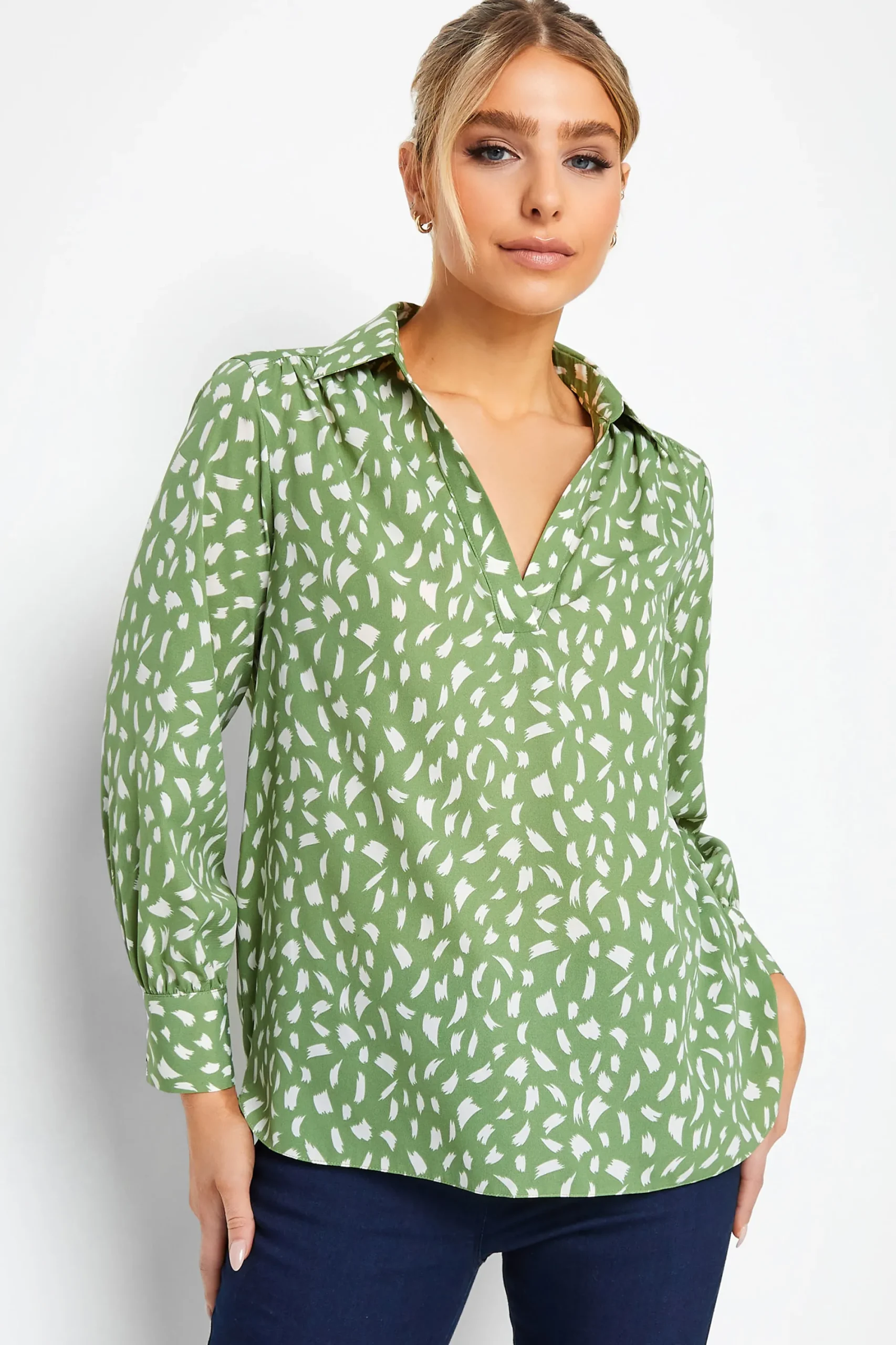 M&Co Womens Green Brush Stroke Print Half Placket Shirt>Women Shirts